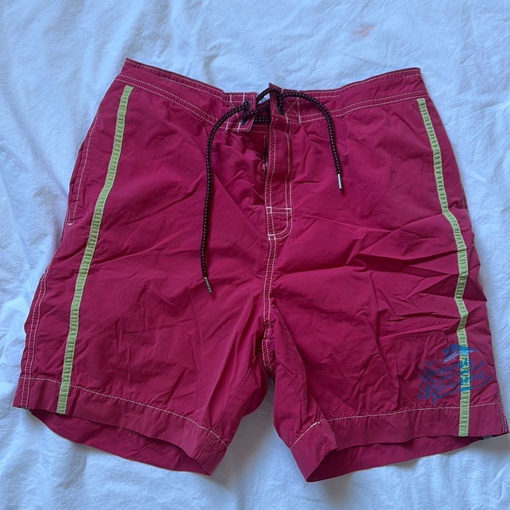 Tommy Bahama Red and Blue Swim Trunks with Drawstring Closure